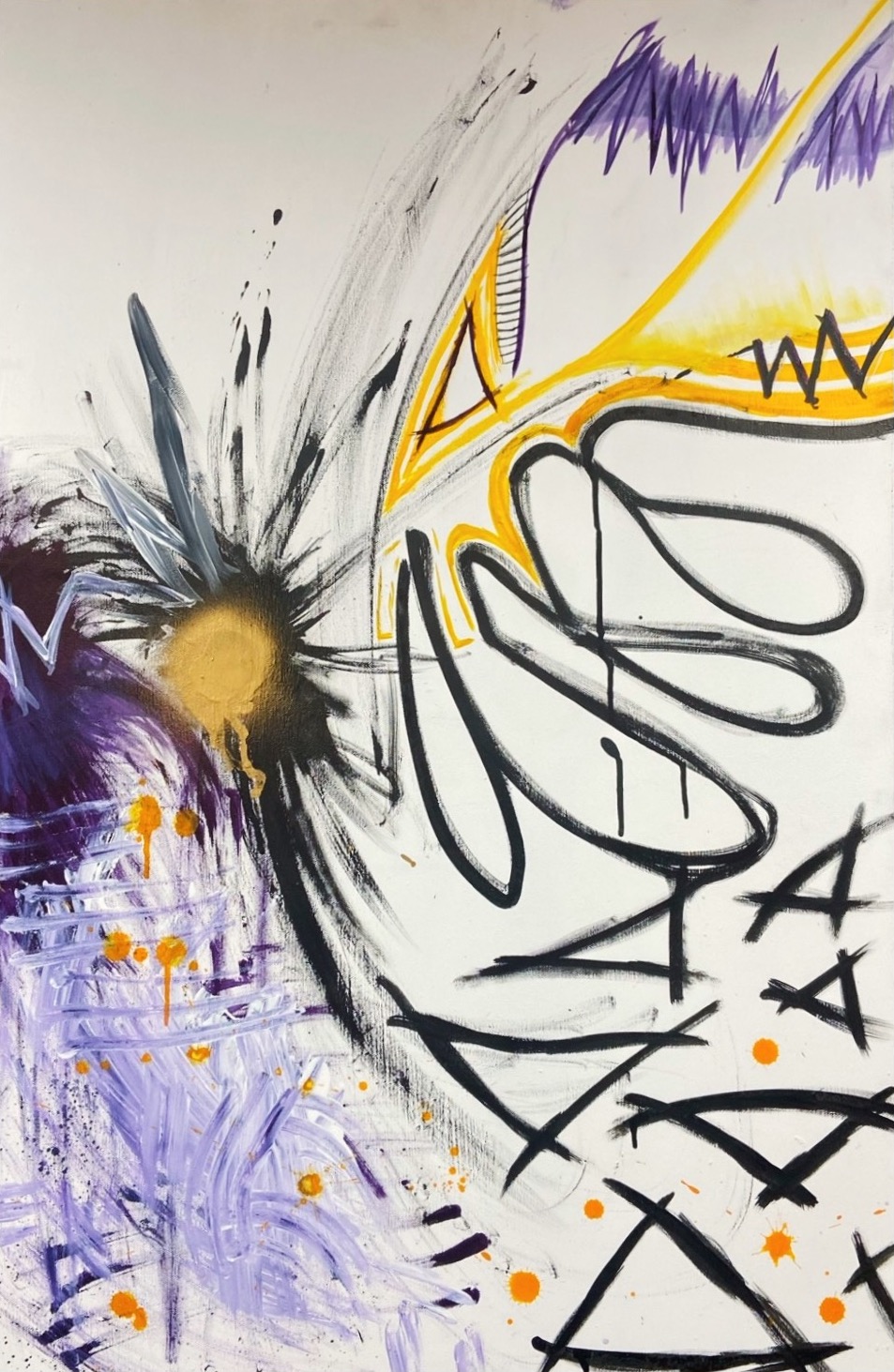 Abstract painting with black, purple, yellow, and orange brushstrokes and lines on a white background.