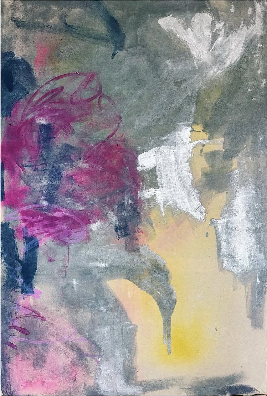 Abstract painting with pink, gray, white, and yellow brushstrokes, vertical orientation.