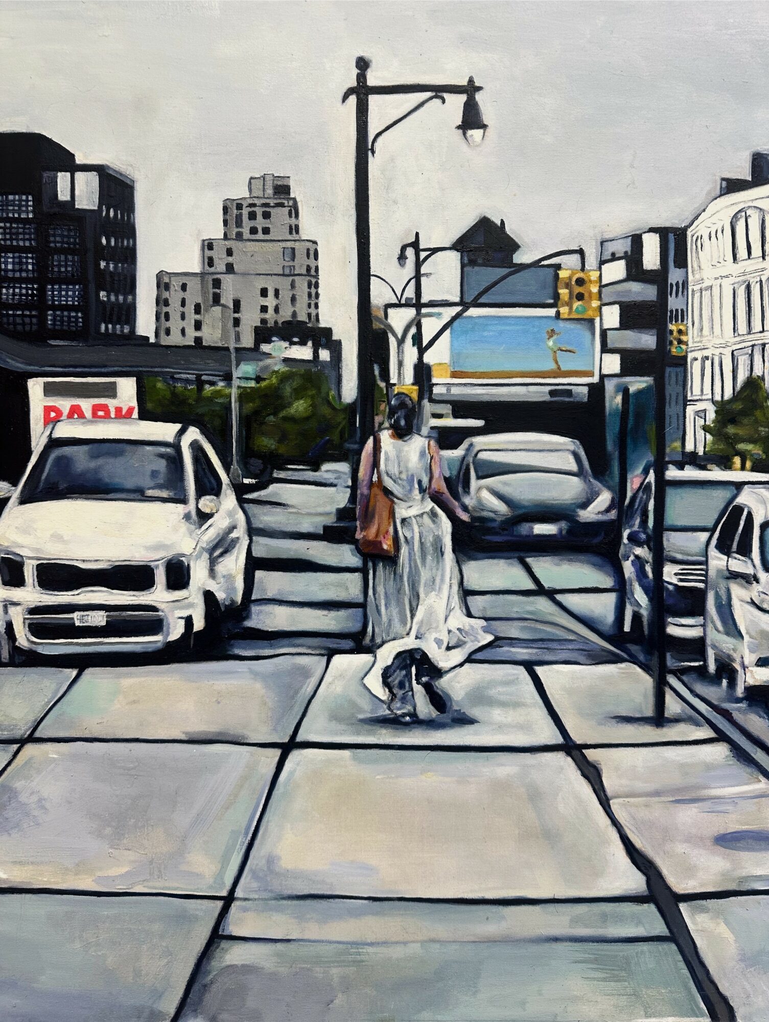 A woman crossing a city street with cars parked and buildings in the background, under a streetlamp, in a painting style.