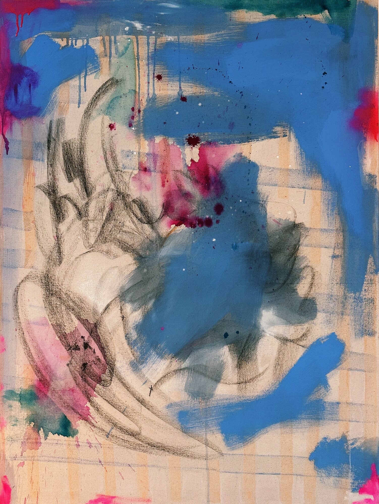 Abstract painting with blue, pink, black, and beige colors, featuring brushstrokes and splatters.