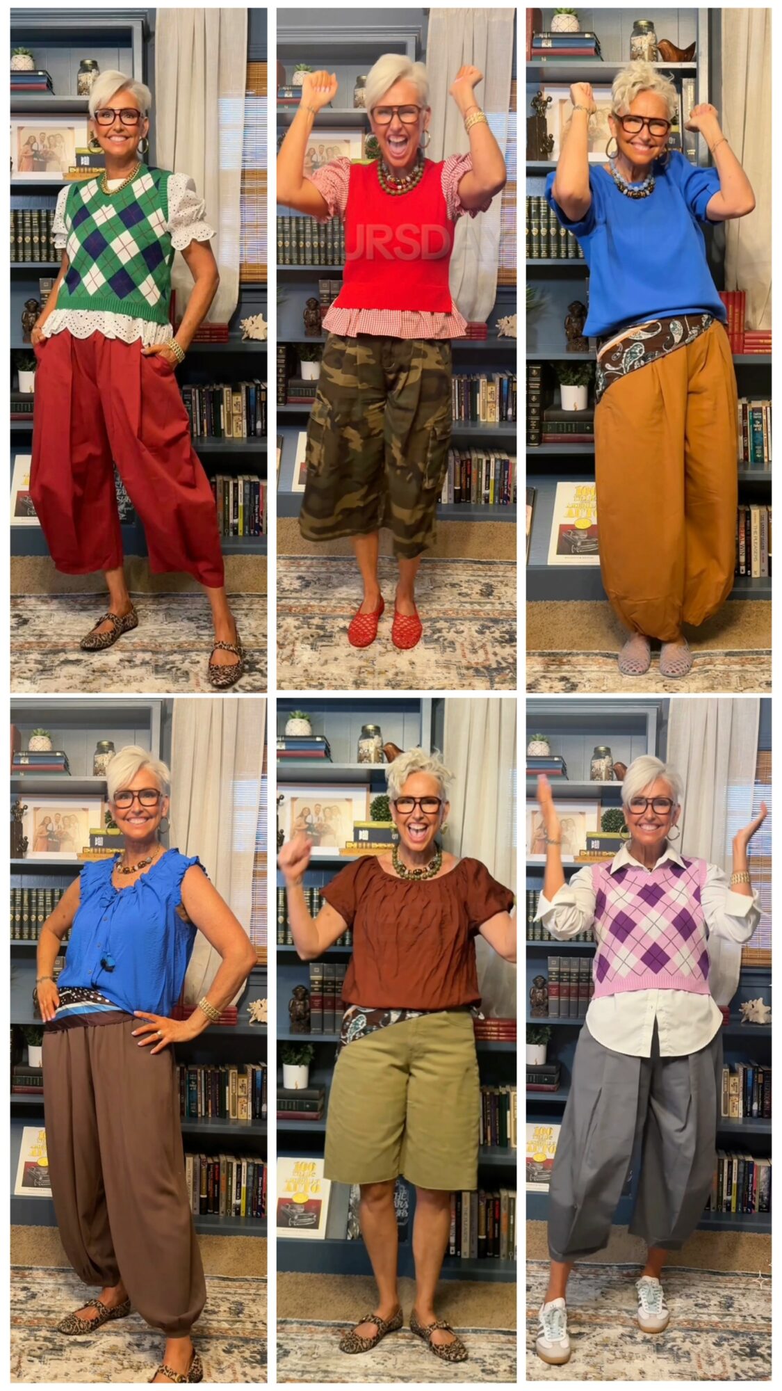 Woman with short white hair in colorful outfits, posing in front of a bookshelf, smiling and making various gestures.