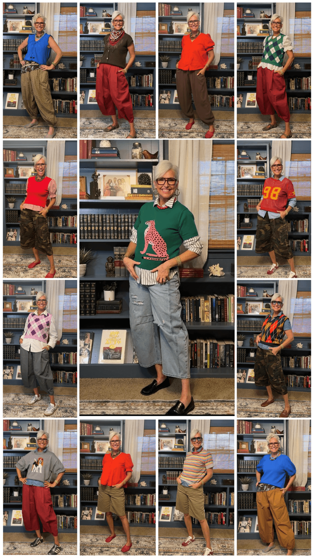 Group of elderly people in colorful clothing standing and sitting in a library with bookshelves behind them.