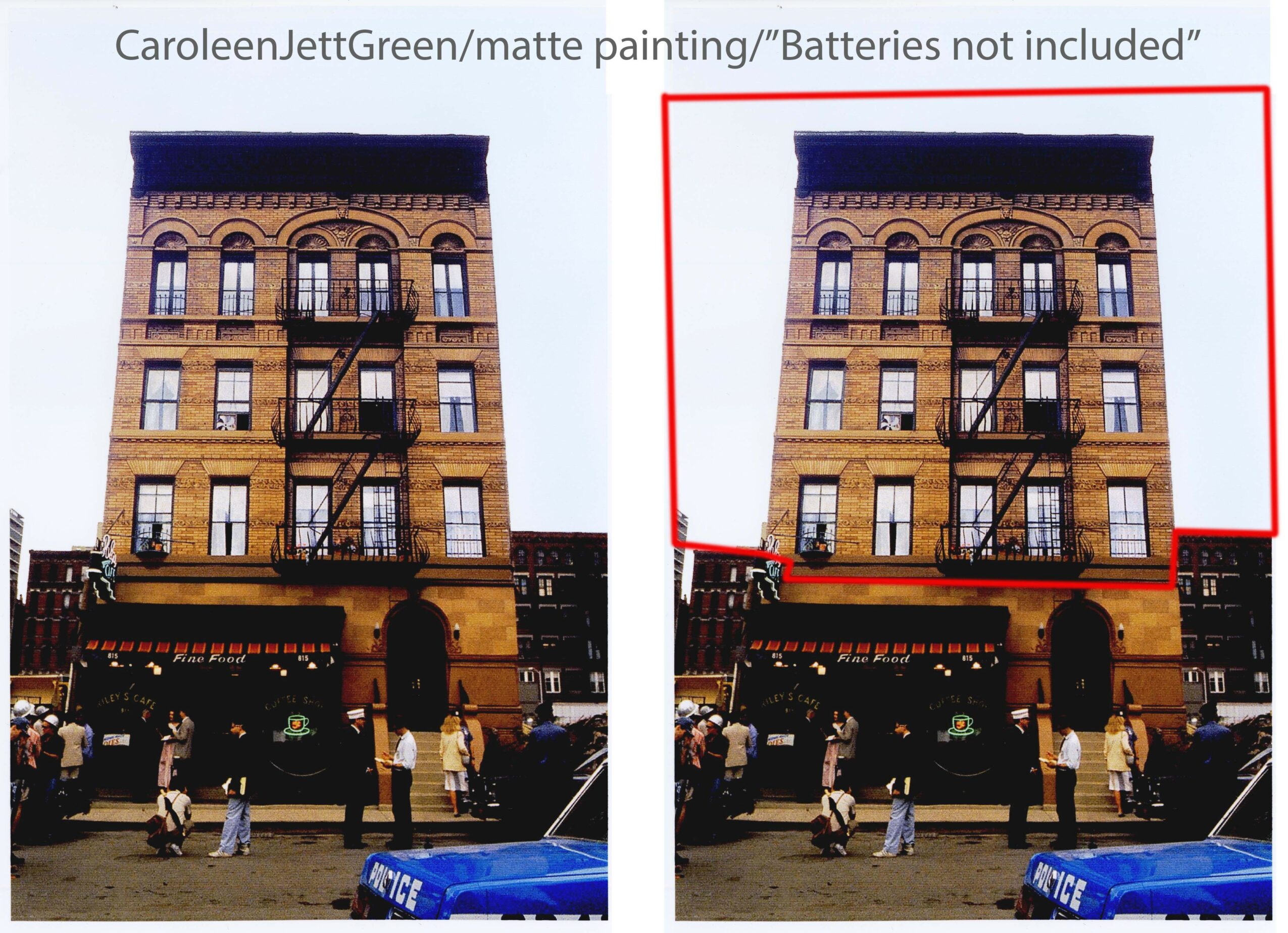 Two images of a brick building with fire escapes, storefront, and people walking in front, one with a red border around it.
