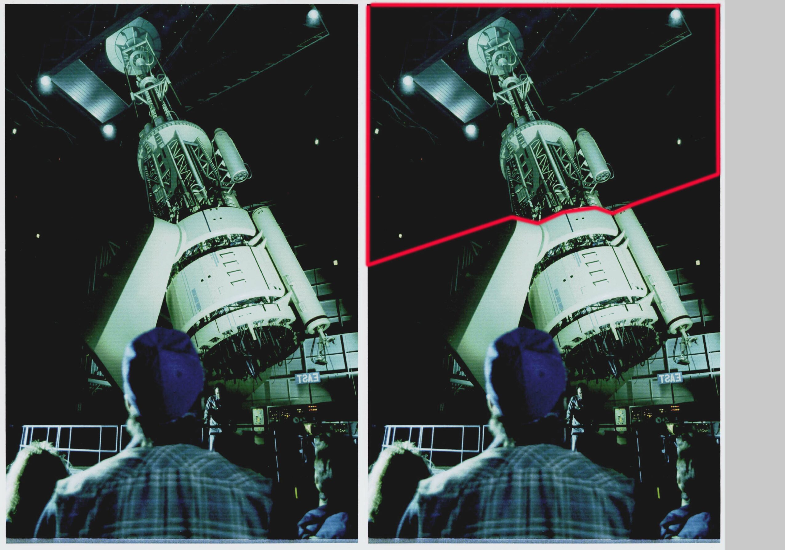 Person looking at a large spacecraft model in a museum, with space and stars in the background.