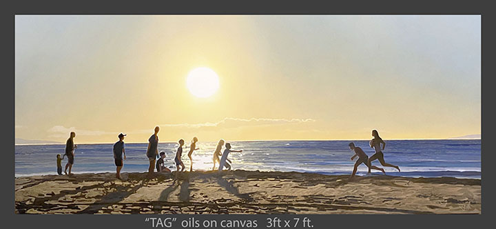 People on a beach at sunset, some playing and others walking, with the ocean in the background.