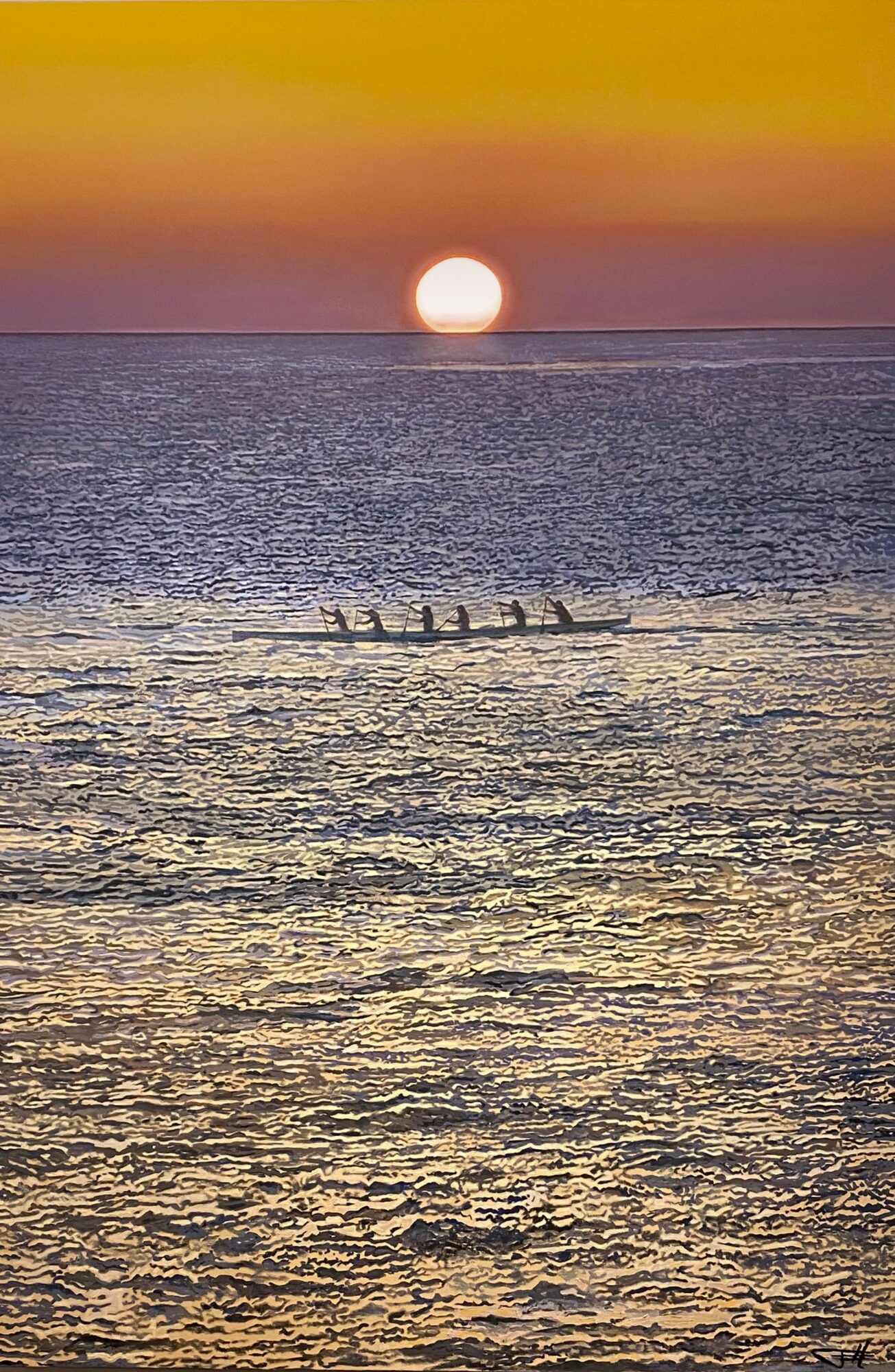 Sunset over the ocean with a boat and birds, colorful sky, calm water, and a glowing sun near the horizon.