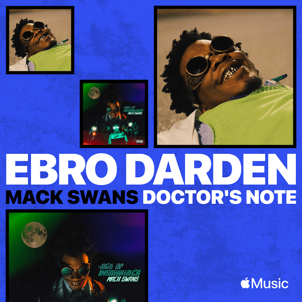 Collage of four images featuring Ebro Darden, smiling, wearing sunglasses, with a blue background. Text includes artist and song titles.