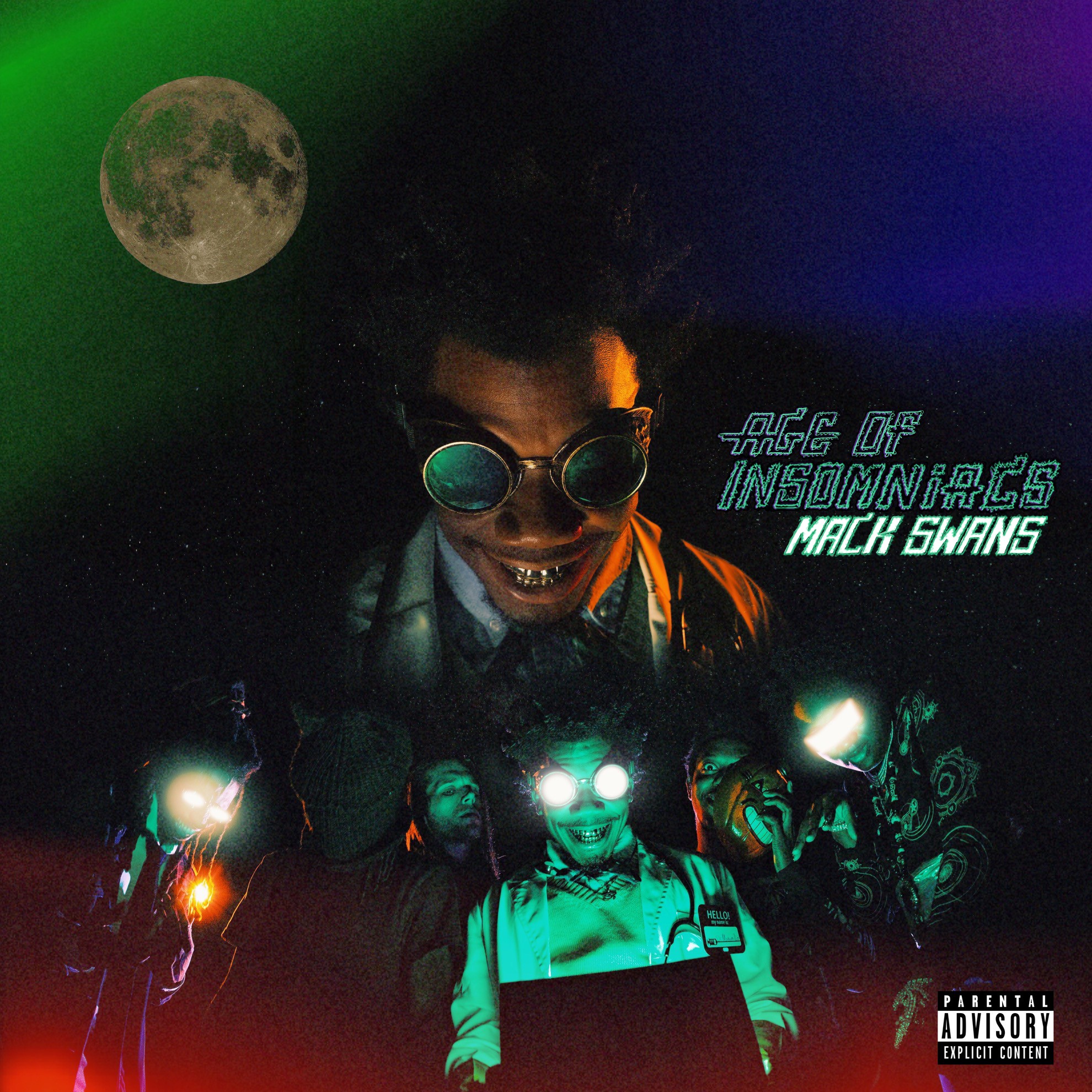 A person wearing goggles and a leather jacket with a group of people with glowing eyes, moon in the background, neon text.