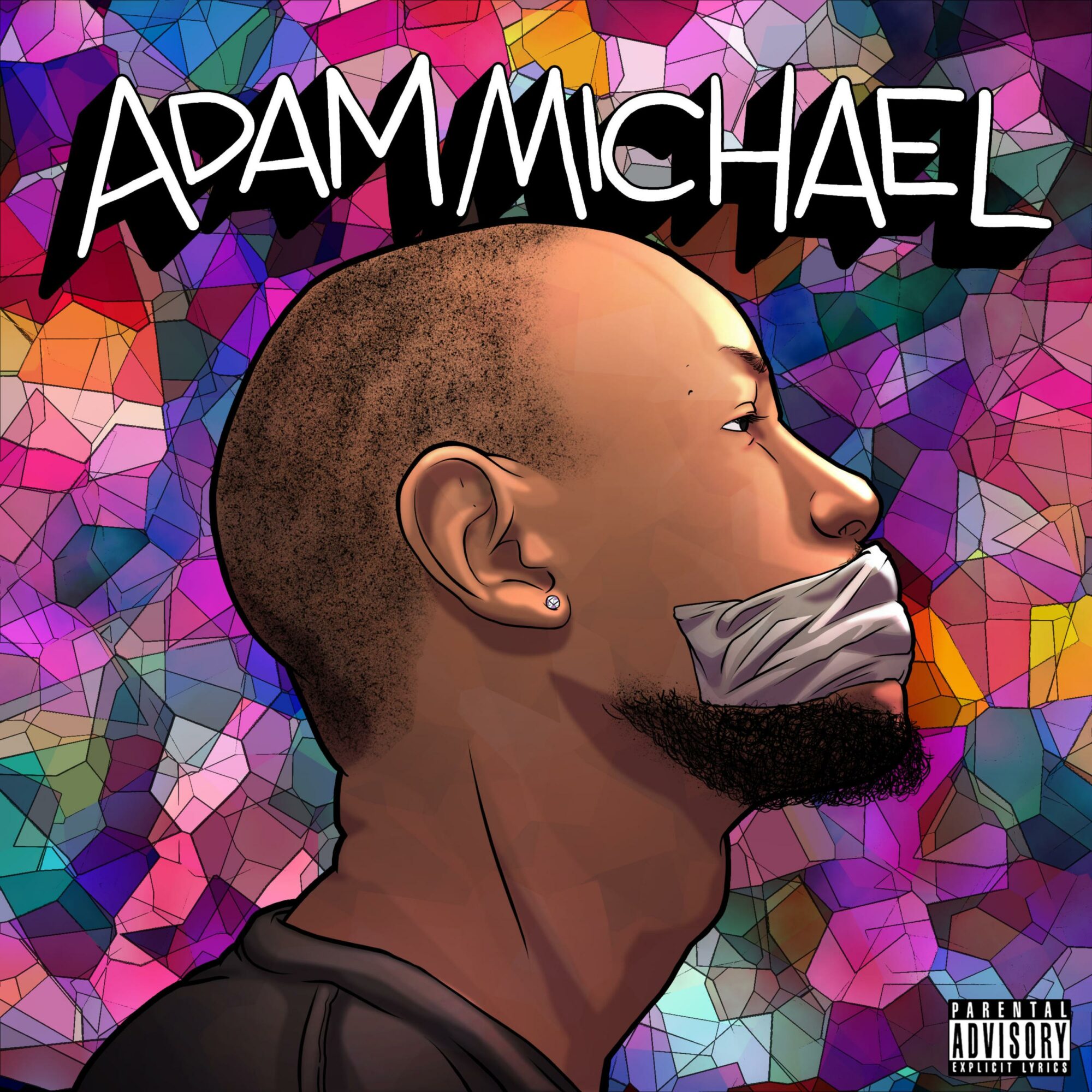 Profile of a person with a shaved head and beard, wearing a face mask, against a colorful mosaic background.
