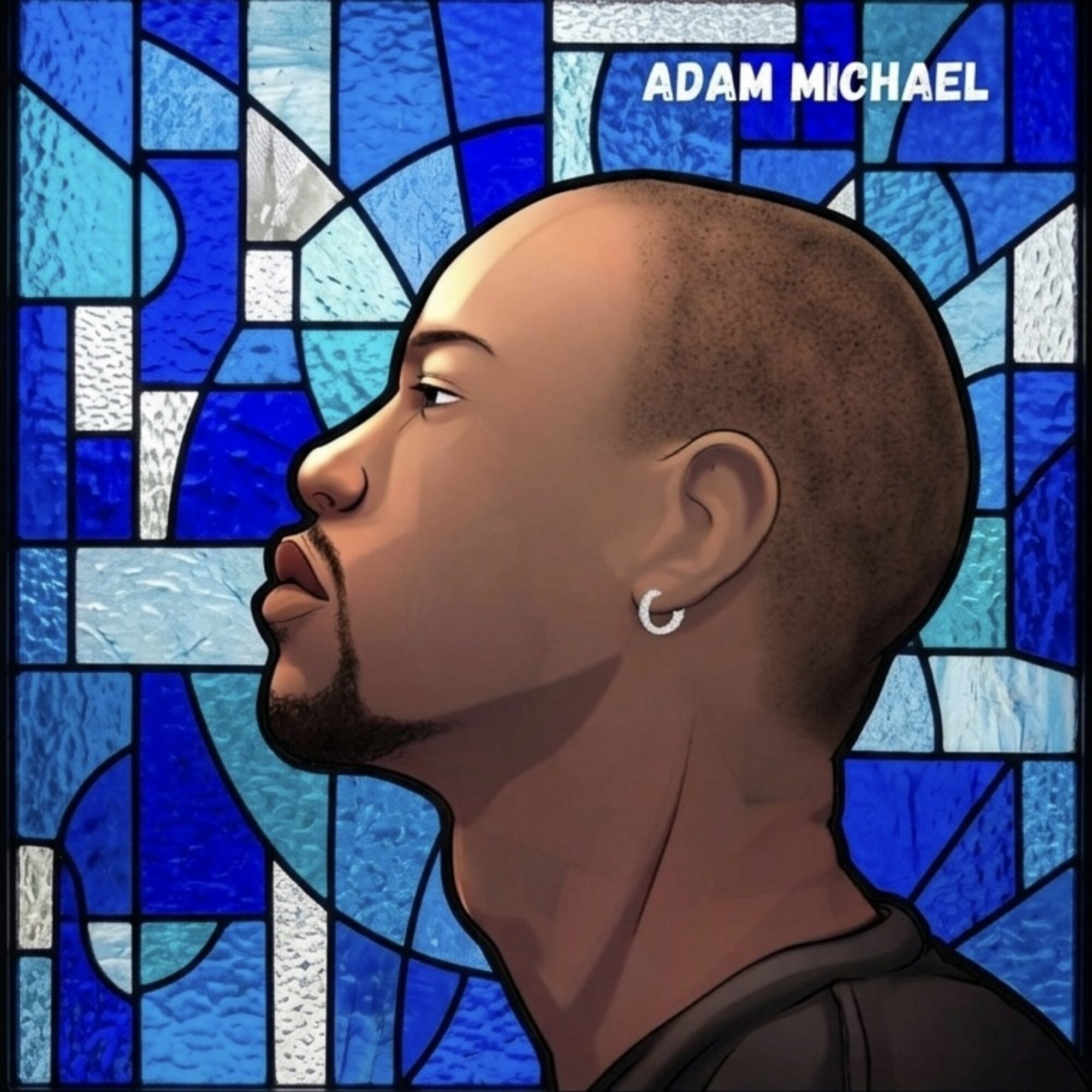 Side profile of a person with a shaved head and earring, against a stained glass background, with text 'ADAM MICHAEL'.
