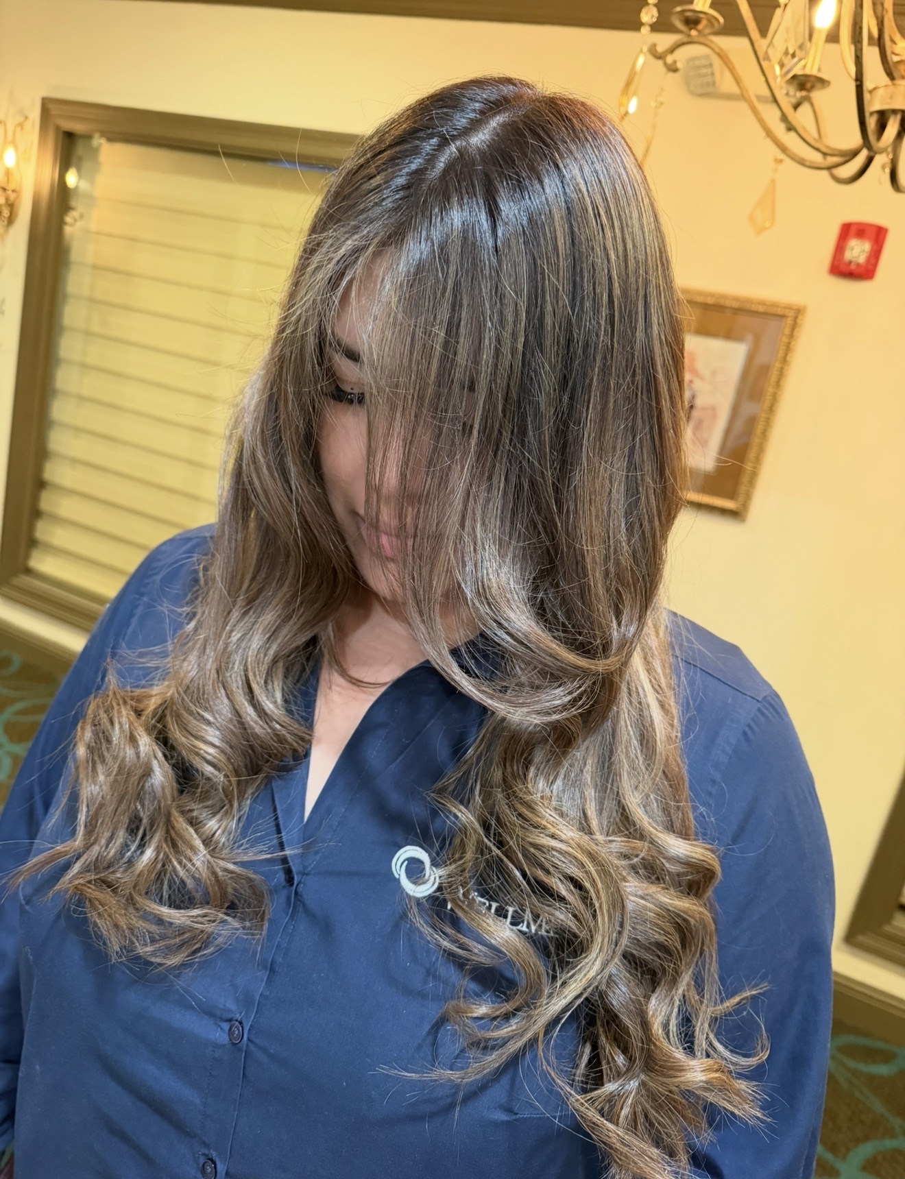Woman with long, wavy hair looking downward, wearing a blue shirt, indoors with window and framed picture in background.