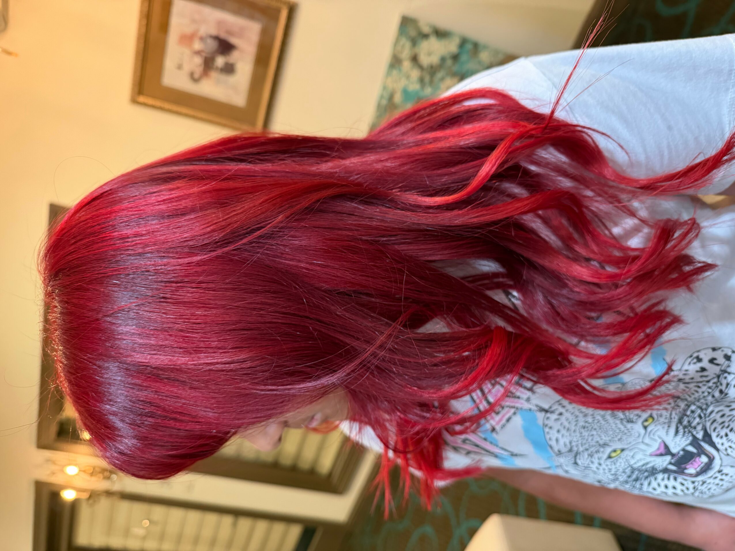 Person with long, wavy red hair, viewed from the side, indoors with framed pictures on the wall.