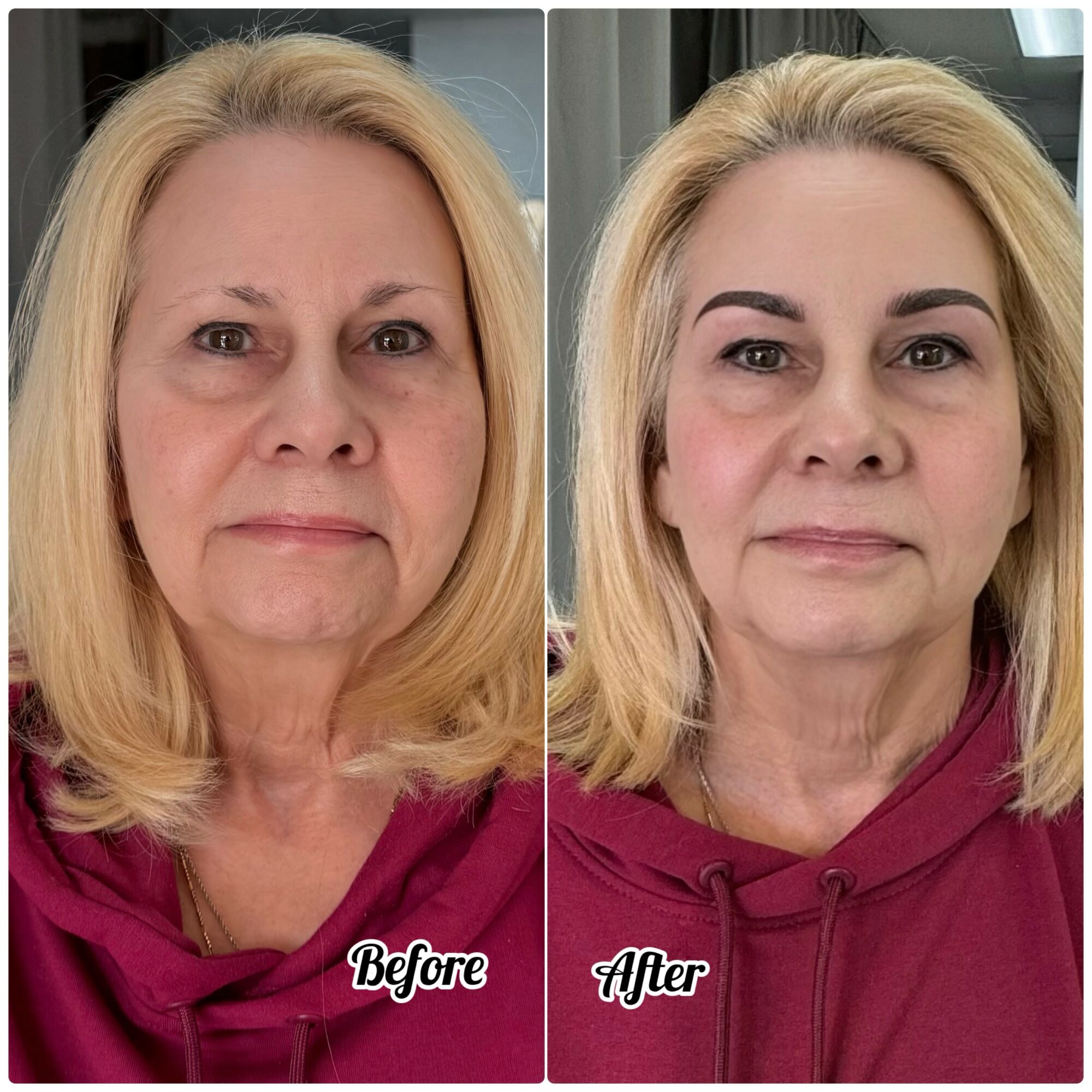 Side-by-side comparison of a woman before and after makeup and skincare, showing improved skin appearance and defined eyebrows.
