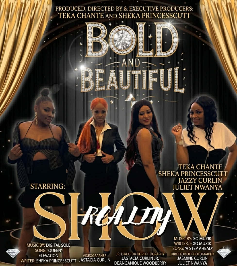 Four women standing on stage with gold curtains, title 'Bold and Beautiful,' and text about cast and production details.