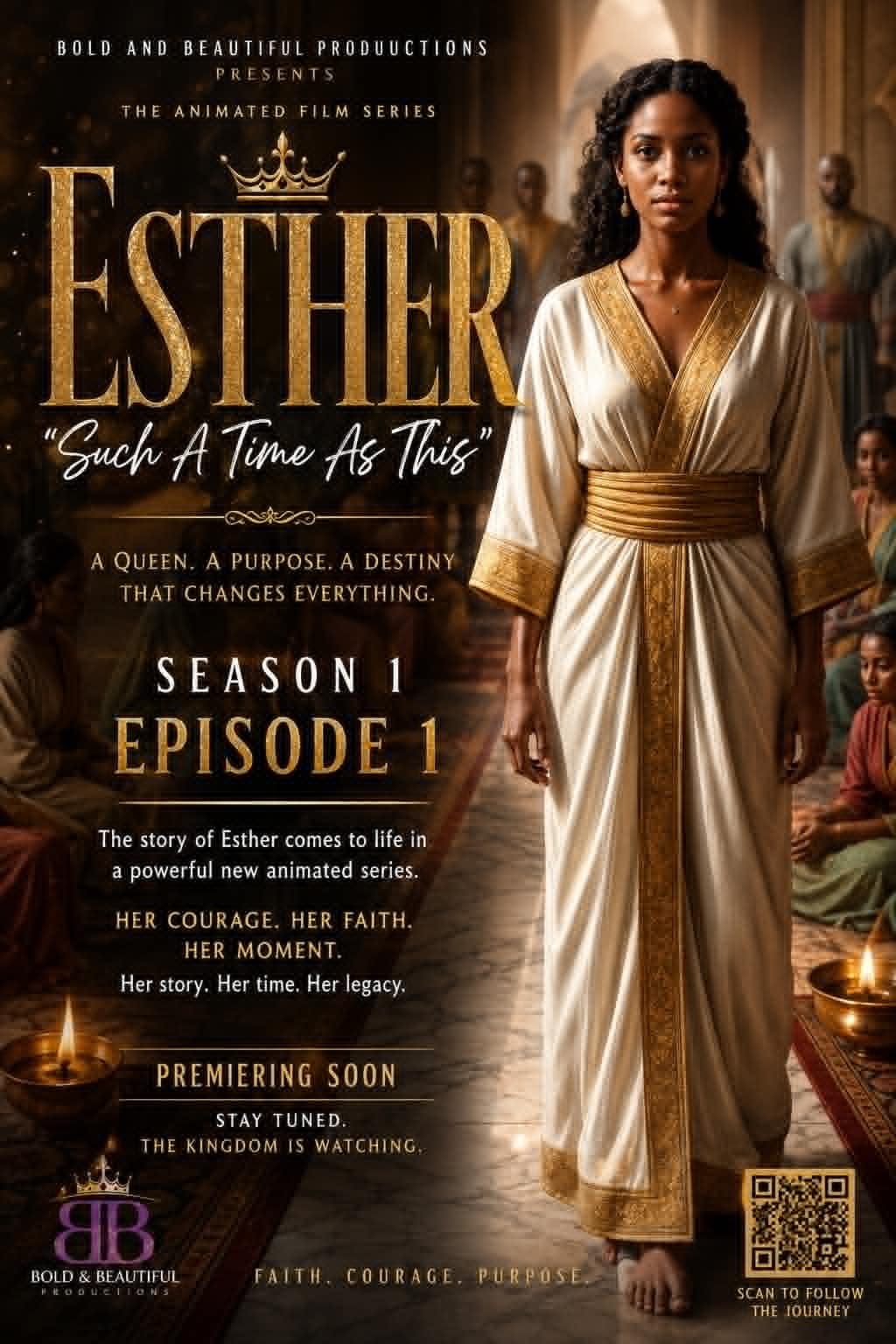 Woman in a white and gold dress standing in a room with candles, with text about Esther series and season 1, episode 1.