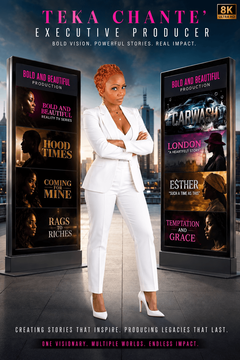 Woman in white suit standing between two digital screens displaying show titles and images, background cityscape at night.