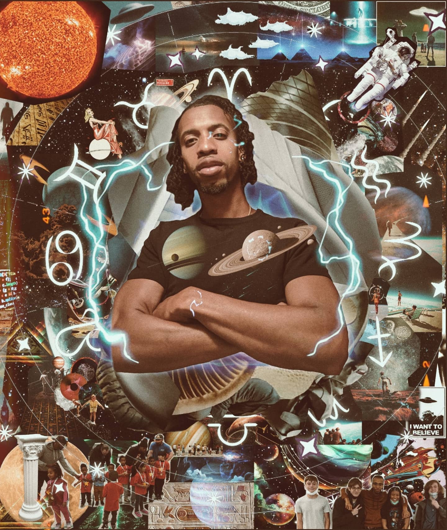 Man with crossed arms surrounded by space-themed and cosmic elements, including planets, astronauts, and stars, with a glowing heart-shaped outline.
