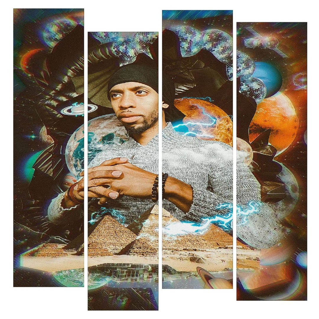 A man with a serious expression, wearing a beanie and gray sweater, is surrounded by cosmic and landscape elements.