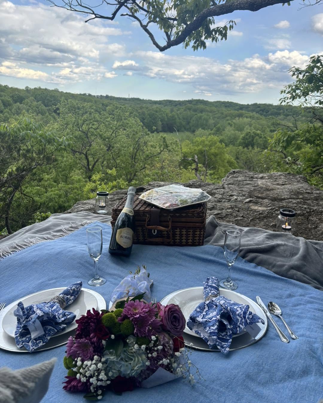 Picnic setup on a blue cloth with plates, cutlery, a basket, and a flower arrangement, overlooking a green landscape with trees and sky.