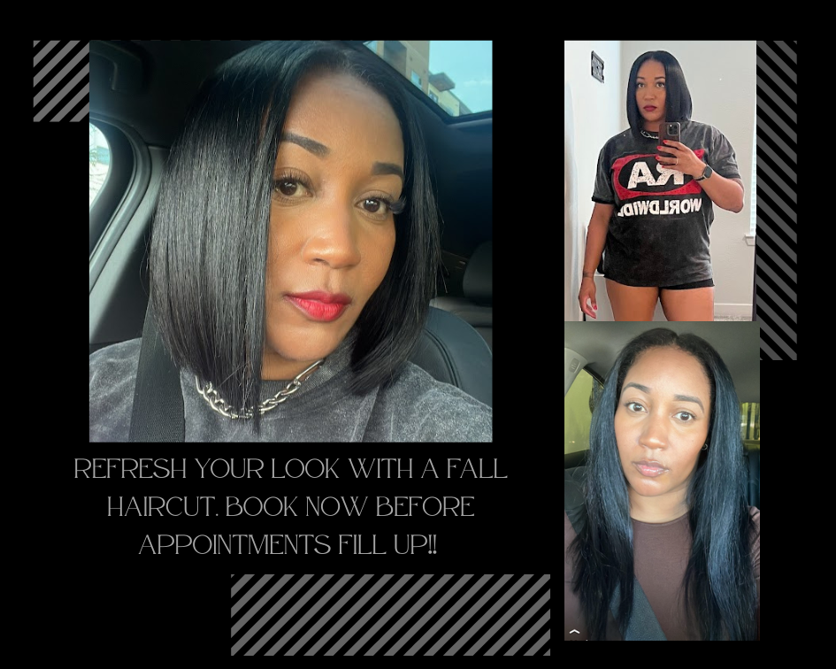 Three women with different hairstyles, one in a car, one in a mirror, and one outdoors, promoting fall haircuts. Worded message about booking appointments.