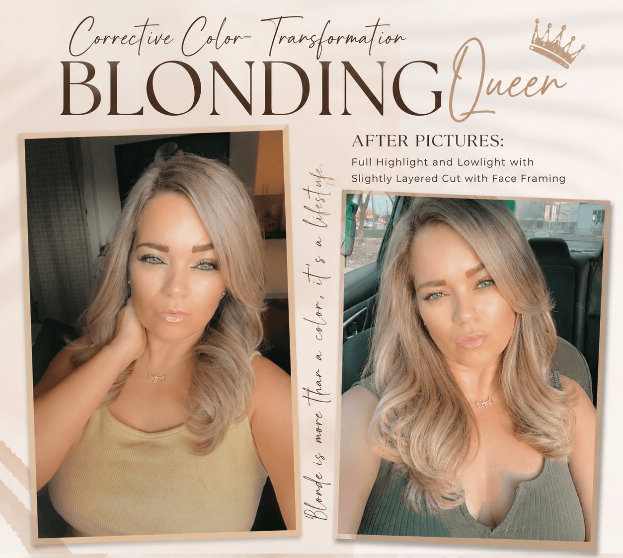 Side-by-side photos of a woman with blonde hair, one with her hand on her face, the other with her head tilted, both smiling.