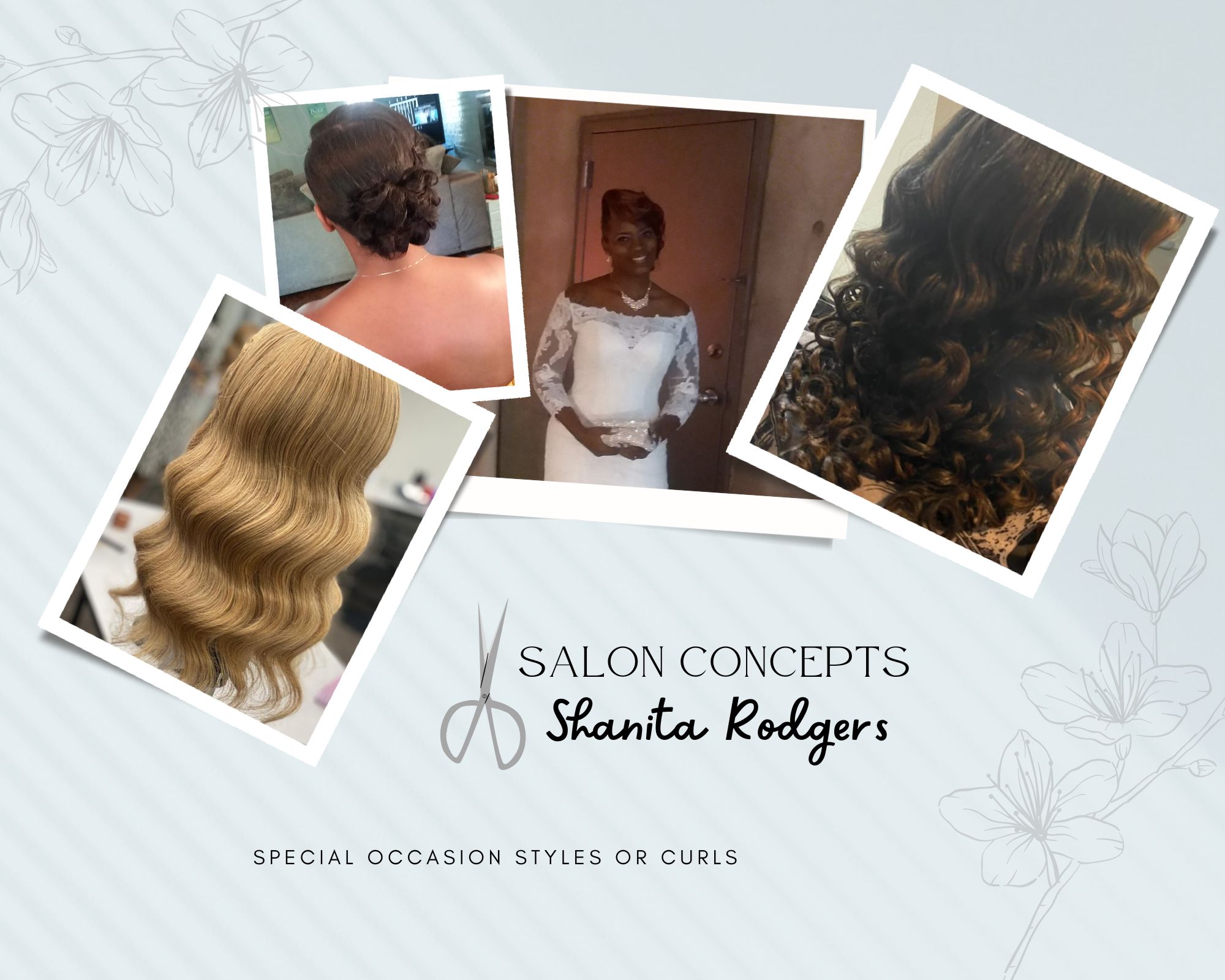Four photos of women with styled hair, including curls and waves, arranged on a light background with floral accents.