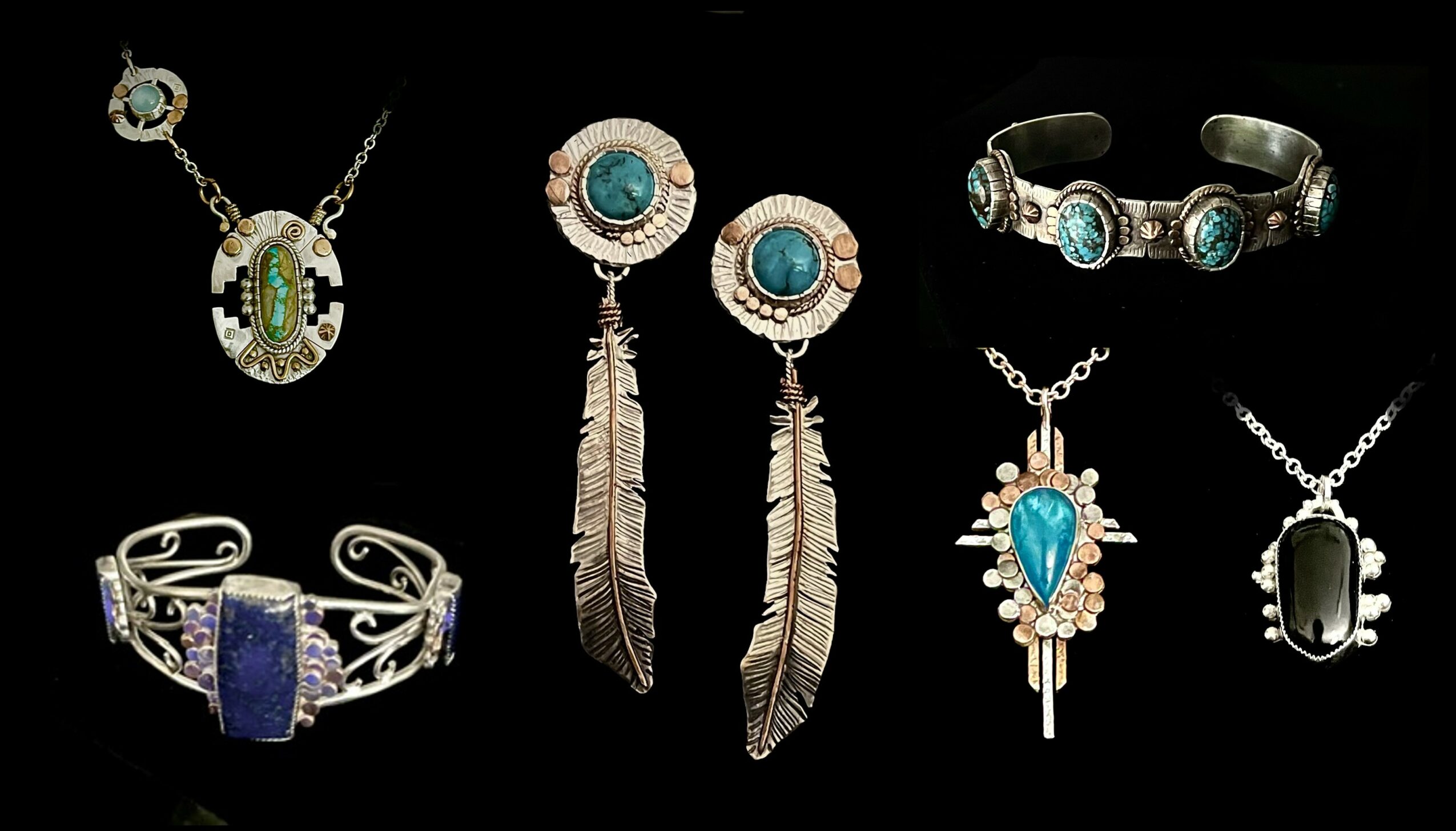 Collection of jewelry including necklaces, earrings, bracelets, and rings with various stones and designs, displayed against a black background.