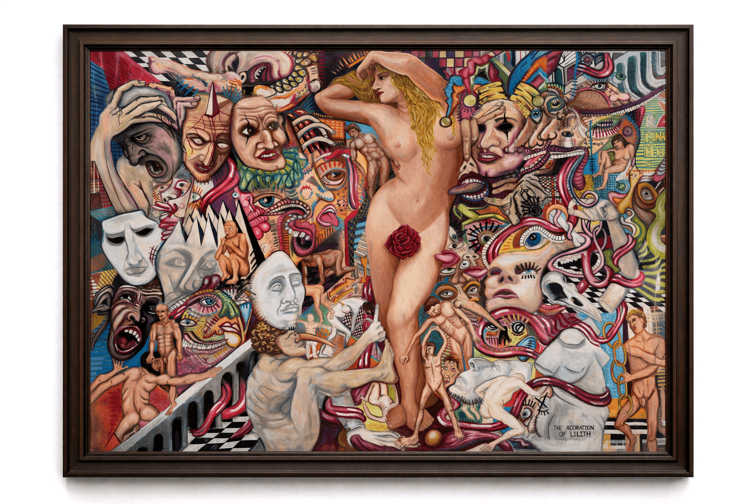 Colorful abstract painting with a central nude figure surrounded by various faces and figures, vibrant and detailed.
