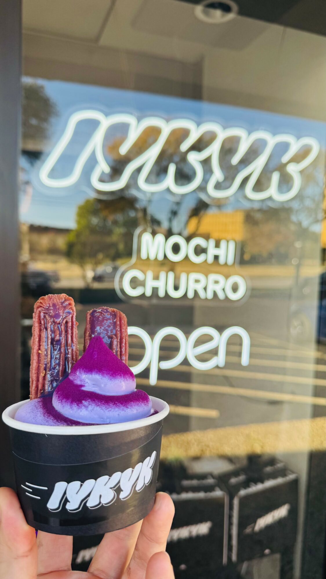 Hand holding a cup of purple and white soft serve ice cream with churros in front of a glass window with store sign.