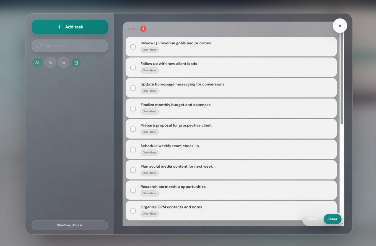 Screenshot of a digital task management interface with a list of tasks and a teal button at the bottom right.