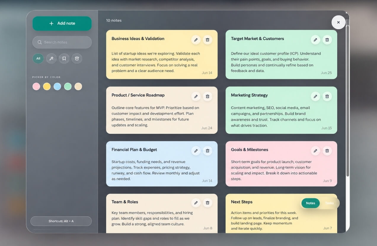 Screenshot of a digital planning or note-taking app with various colored sections and notes, including business, marketing, finance, and team topics.