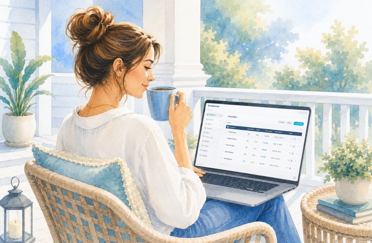 Woman sitting outdoors on a porch, working on a laptop, holding a glass, with plants and trees in background.