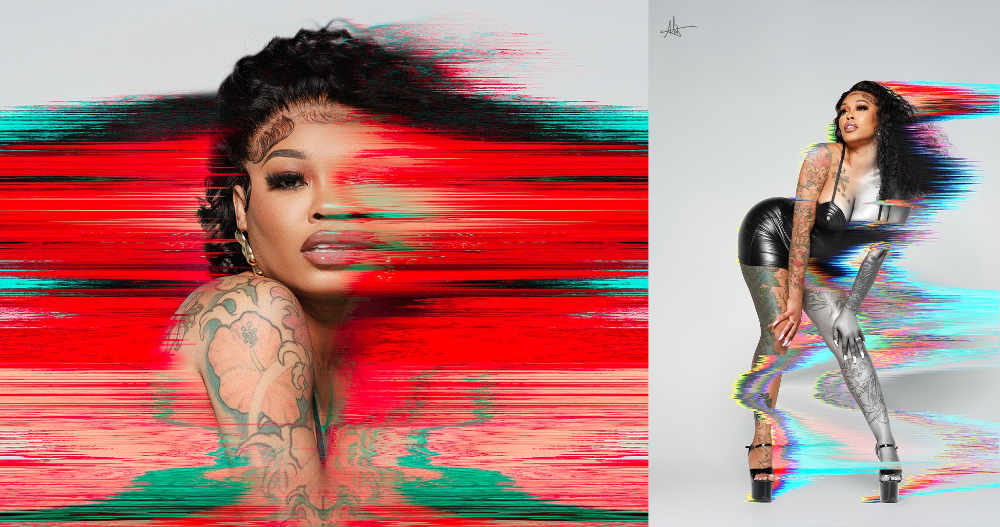 Woman with tattoos and curly hair poses with colorful digital distortion effects, background is plain light gray.