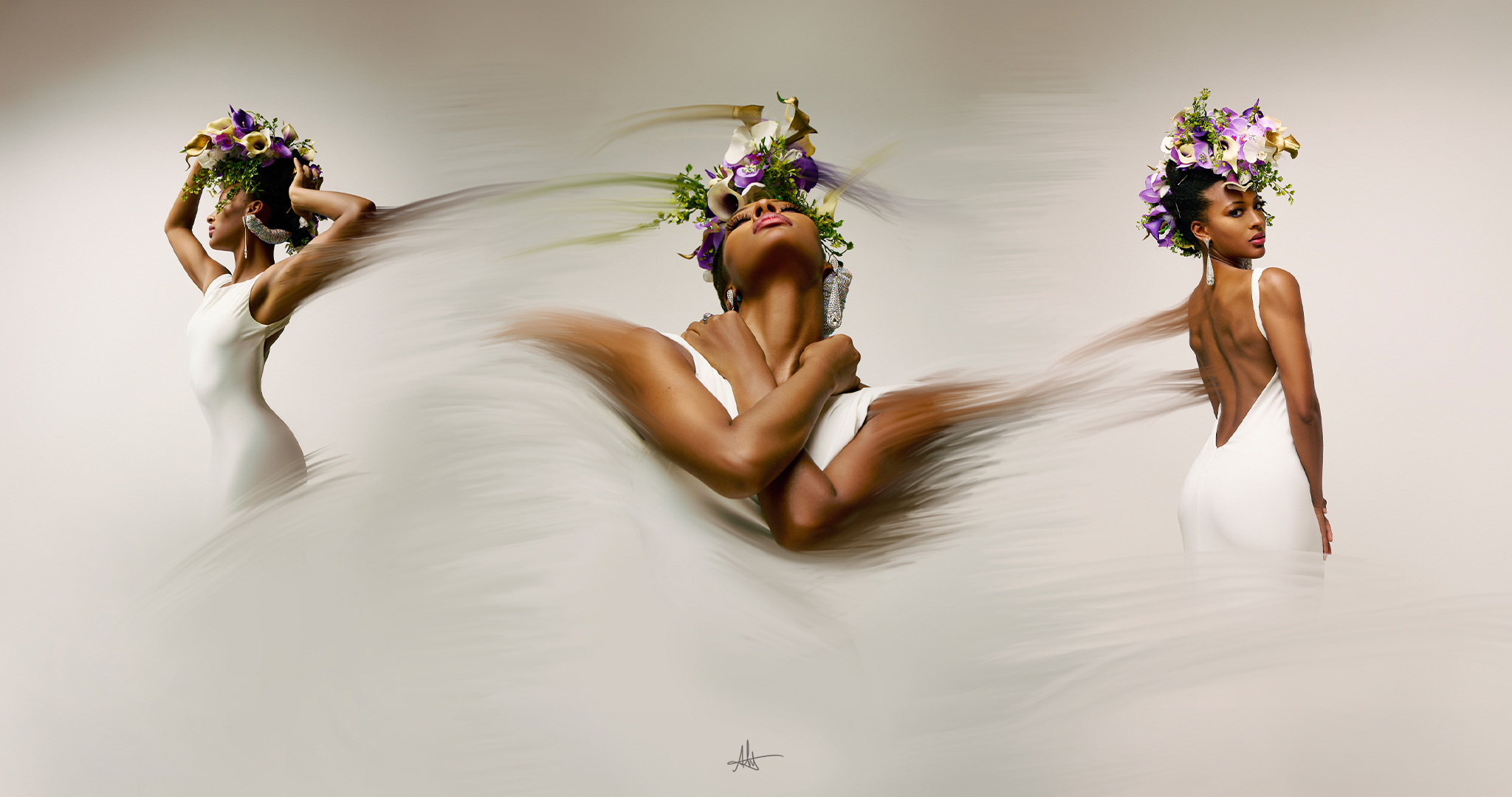 Three women with floral headpieces pose against a neutral background, with motion blur effects. Word count: 20.