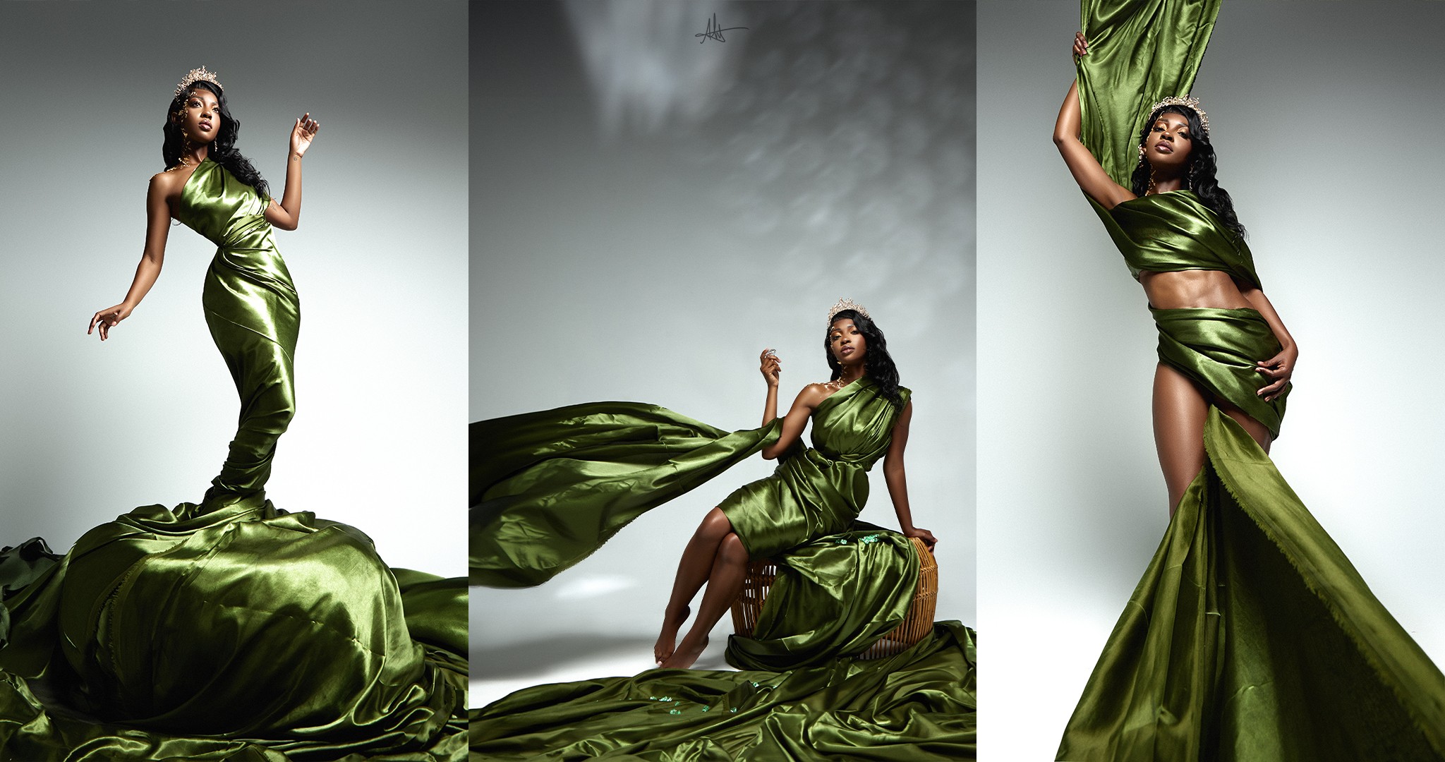 Three women in green dresses pose against plain backgrounds, with fabric flowing around them.