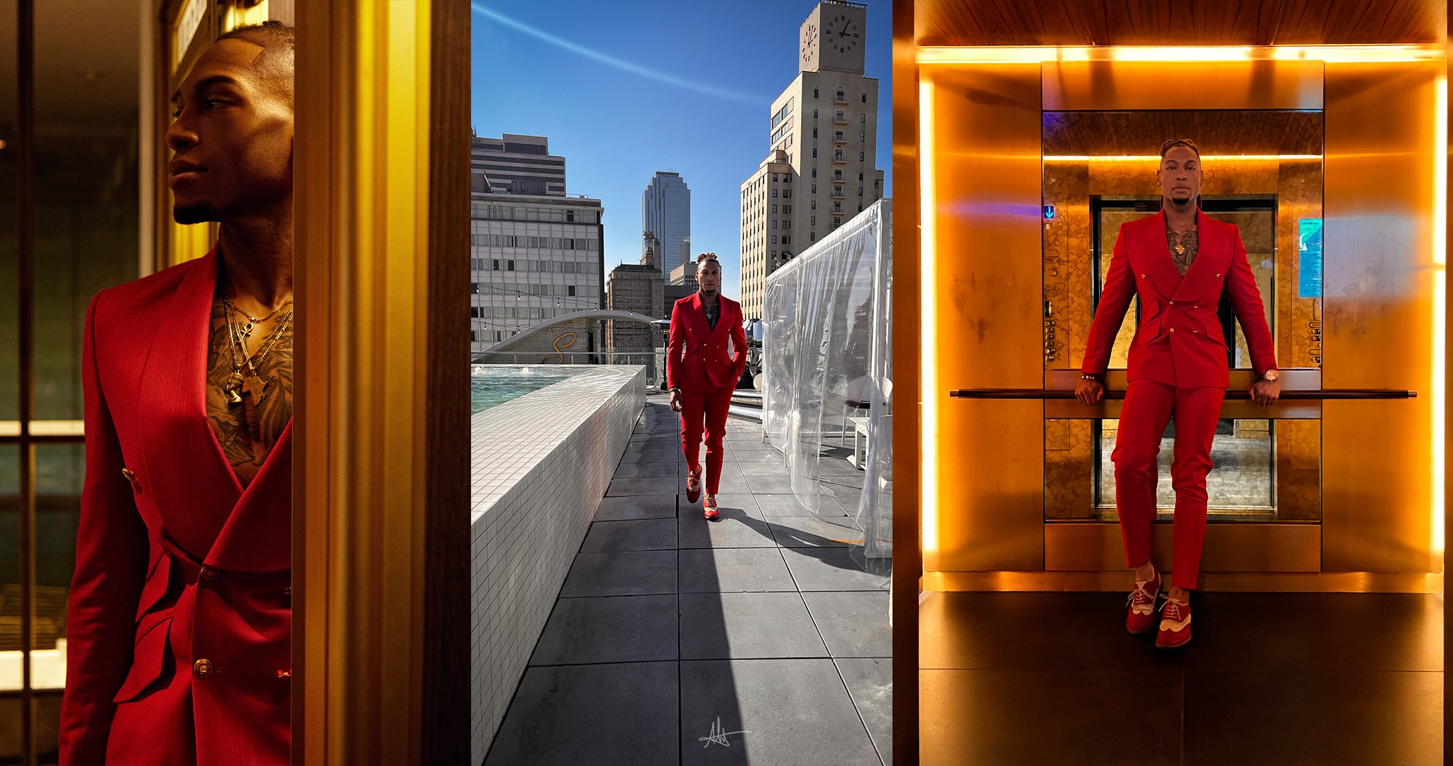 Three images of a person in a red suit in different urban and indoor settings.