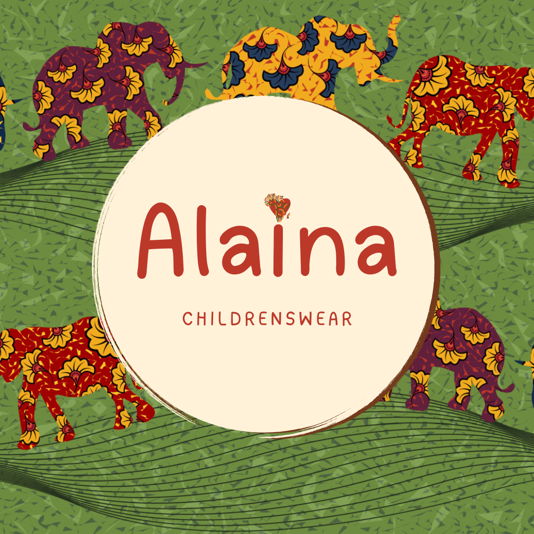 Colorful elephants with floral patterns surround a white circle with the name 'Alaina' and 'CHILDRENSWEAR' on a green background.