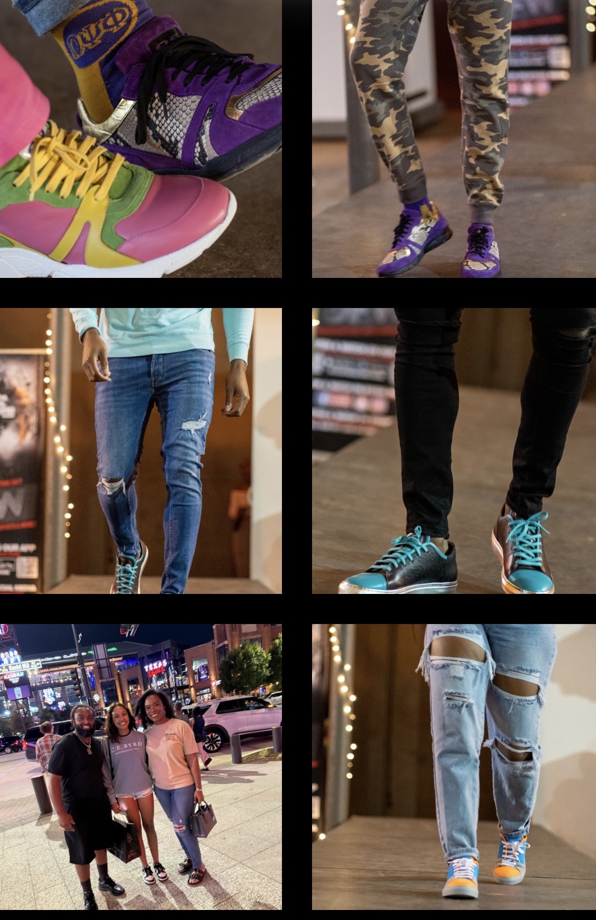 Six images of people wearing colorful sneakers and casual clothing, walking or standing in urban settings.