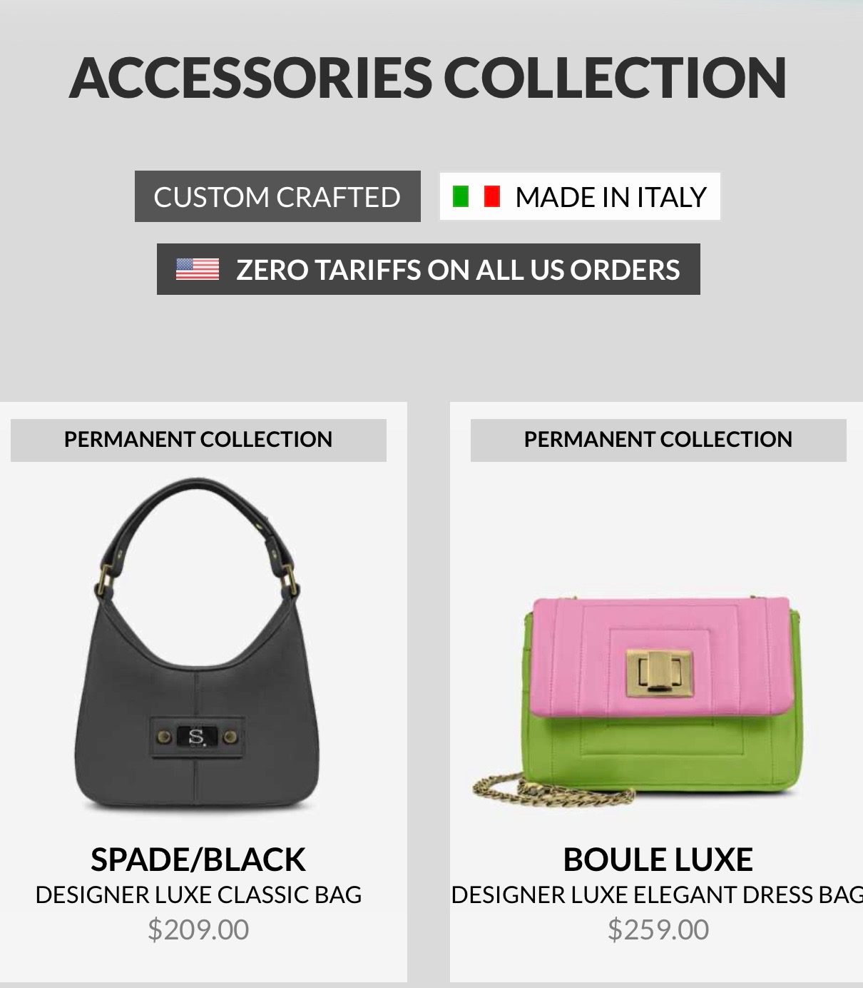 Text and images of two designer handbags, one black and one pink with green, on a gray background. Alt text word count: 20, confidence: 0.95