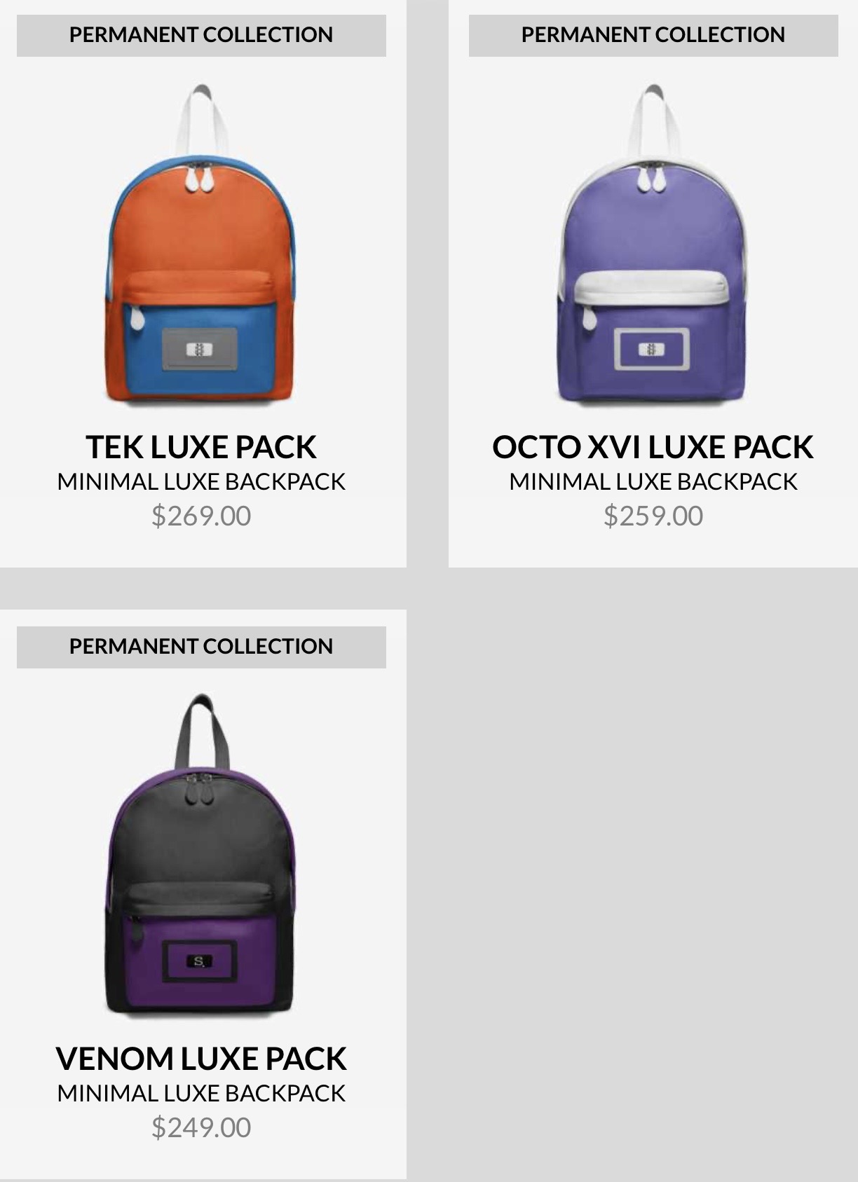 Three backpacks in orange, purple, and black with colored pockets, displayed against a white background.