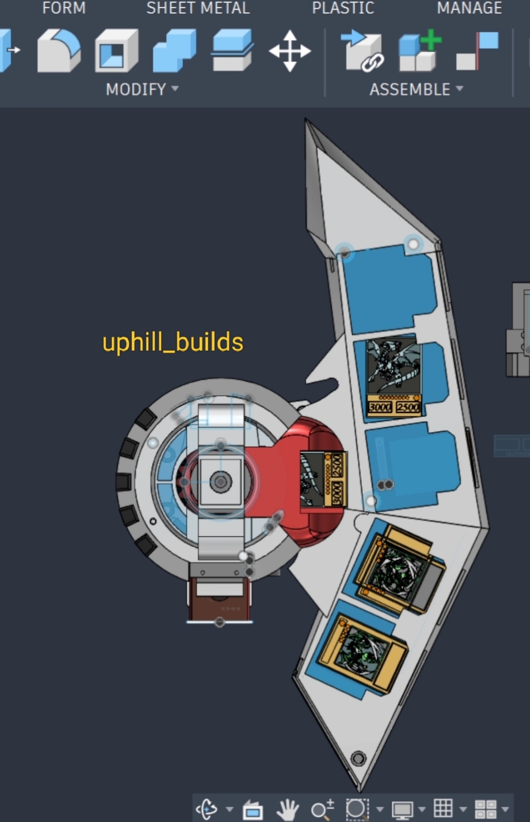 Diagram of a spacecraft with labeled sections and electronic components, showing a circular module connected to a curved structure with blue panels.