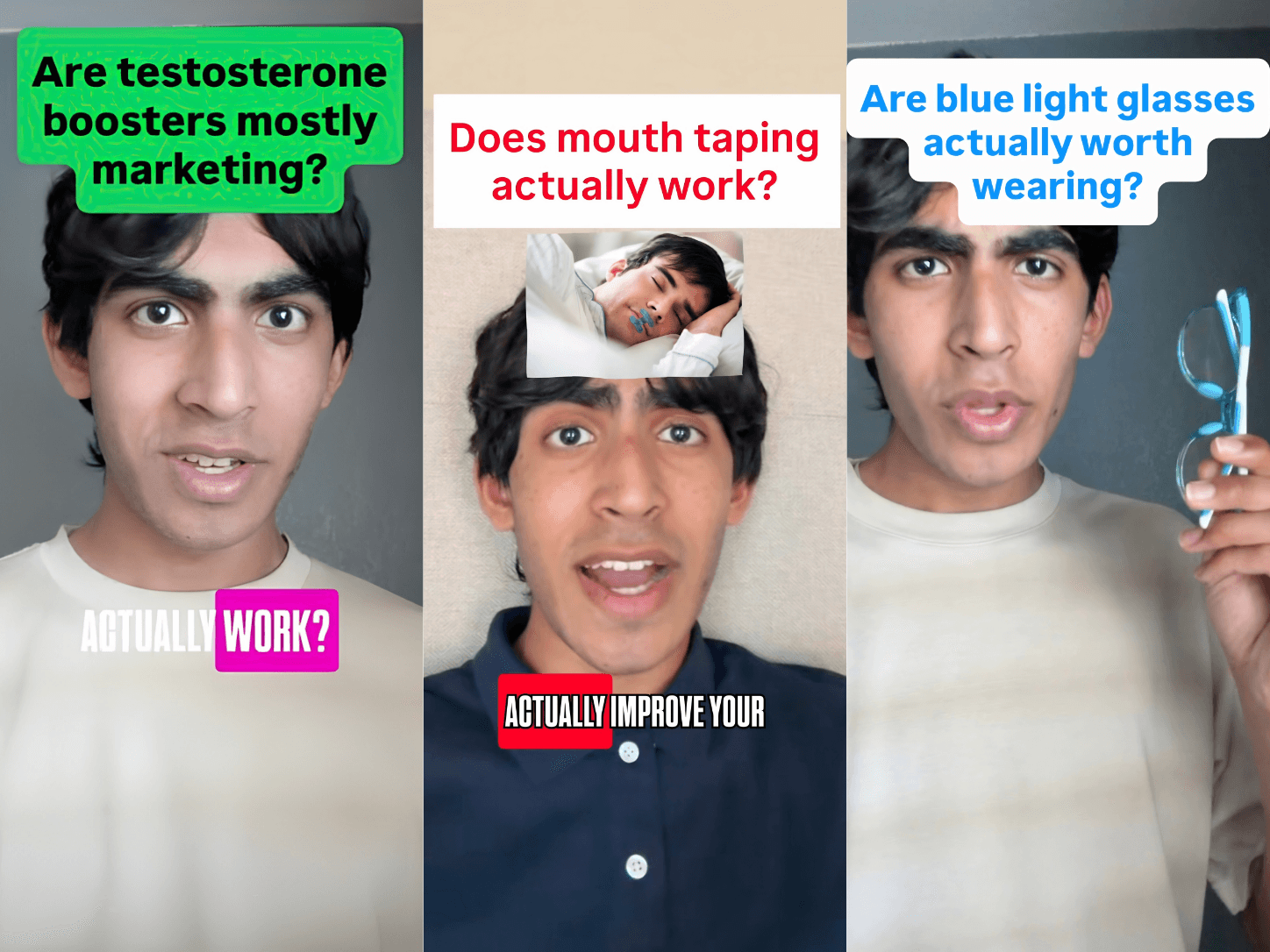 Three men with questions about health and eyewear, with text overlays and a woman in the middle. Word count: 24.
