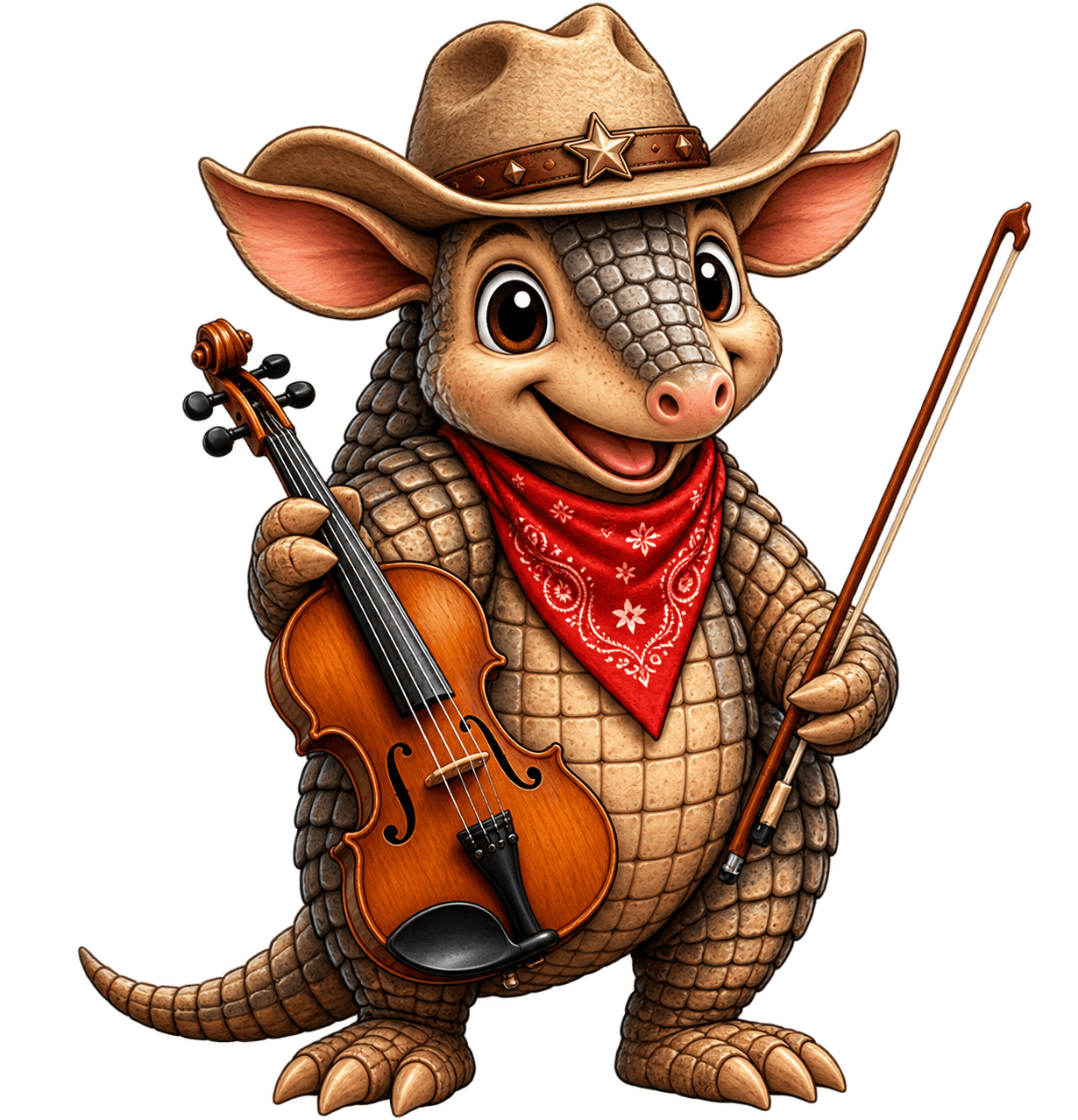 Anthropomorphic armadillo character wearing a cowboy hat and red bandana, holding a violin and bow, smiling against a black background.