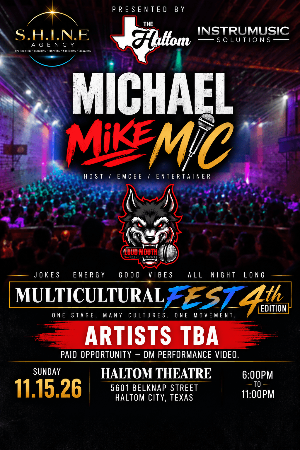 Concert poster with crowd, stage lights, and event details for Michael Mike M.C. at Halo Theatre, Texas, November 25, 2023.