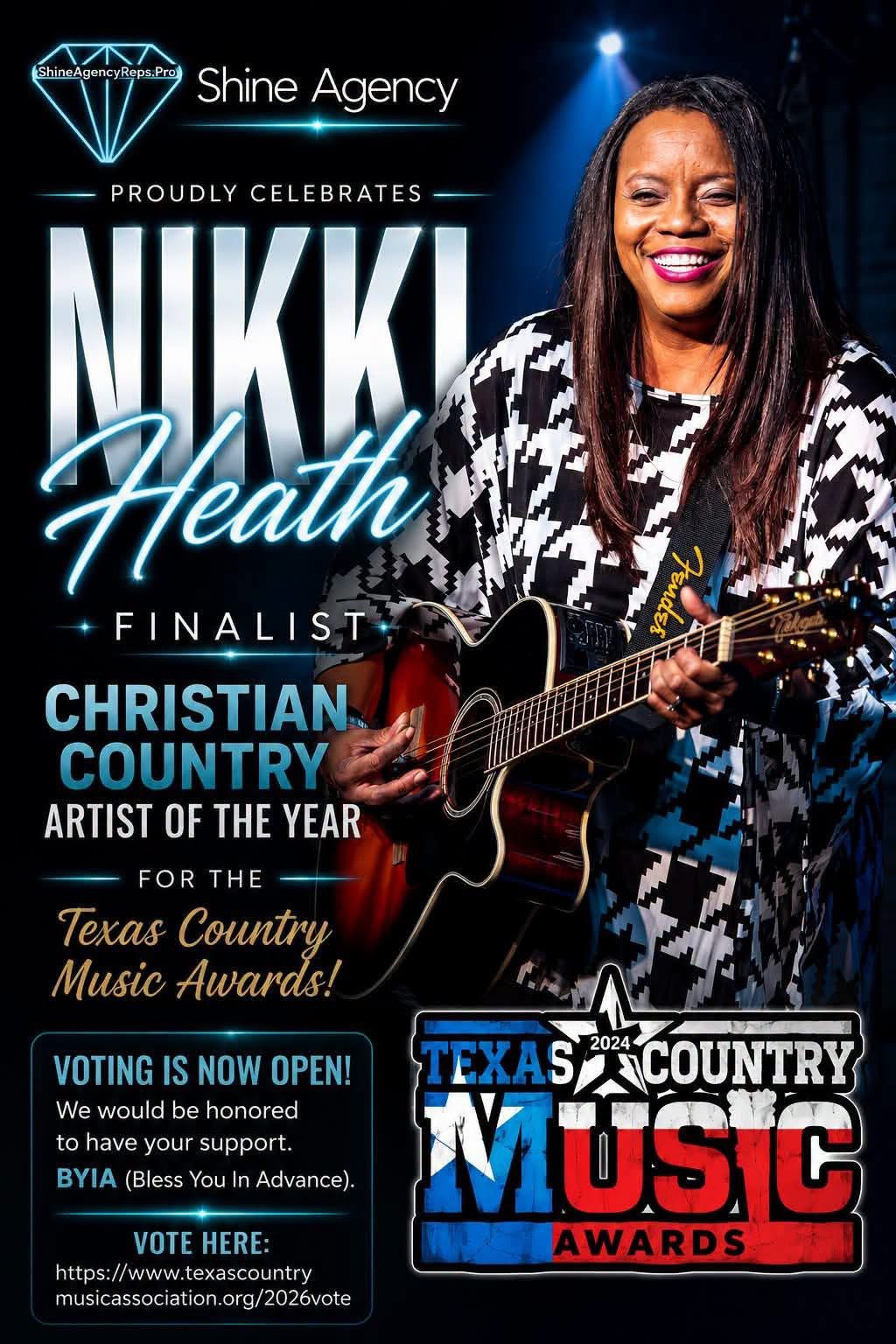 Woman with long hair holding a guitar, smiling, with event text and logos in the background.