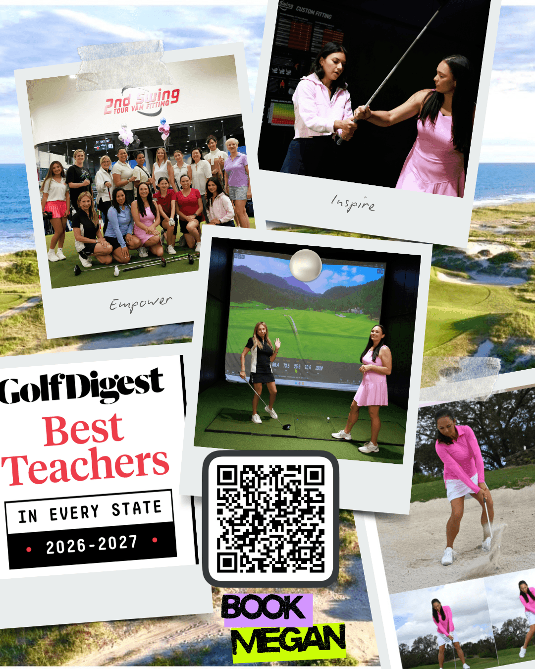Collage of four photos featuring women playing golf, a group photo, and a woman on the beach, with a golf award and QR code.
