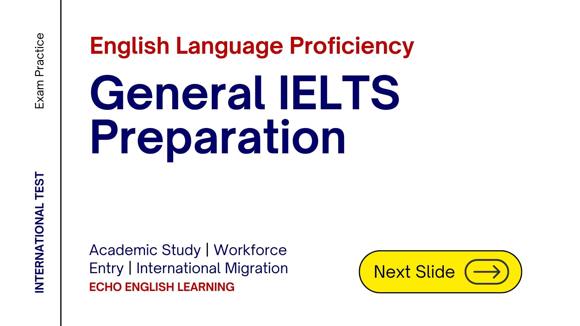Cover of a book titled 'English Language Proficiency General IELTS Preparation' with a yellow button labeled 'Next Slide'.