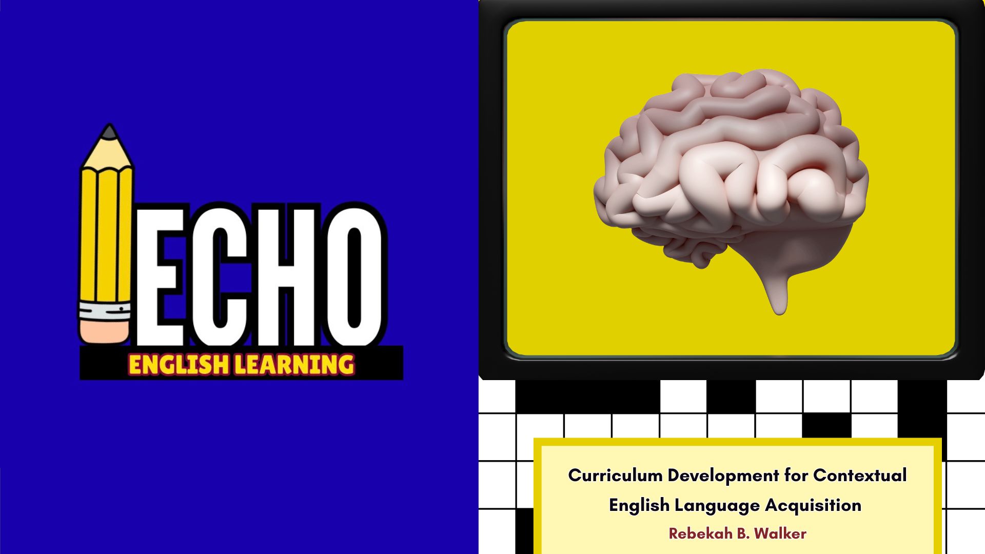 Logo with a yellow pencil and the word 'ECHO' in white, blue background, and a brain on a yellow screen.