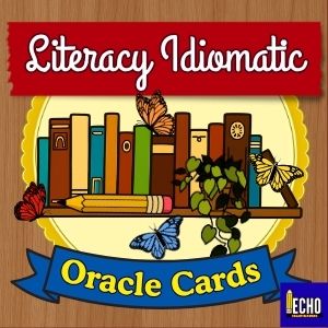 Bookshelf with books, butterflies, and a banner reading 'Oracle Cards' and 'Literacy Idiomatic'.