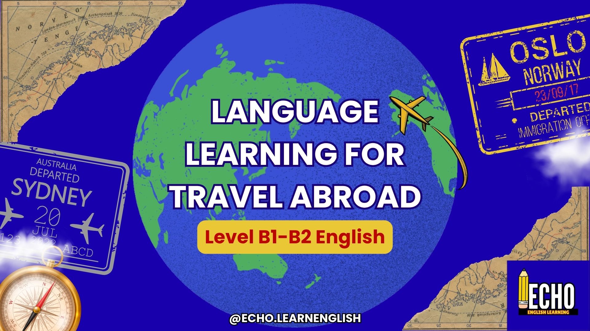 Cover of a language learning book titled 'Language Learning for Travel Abroad' with a globe, travel stickers, and a plane icon.